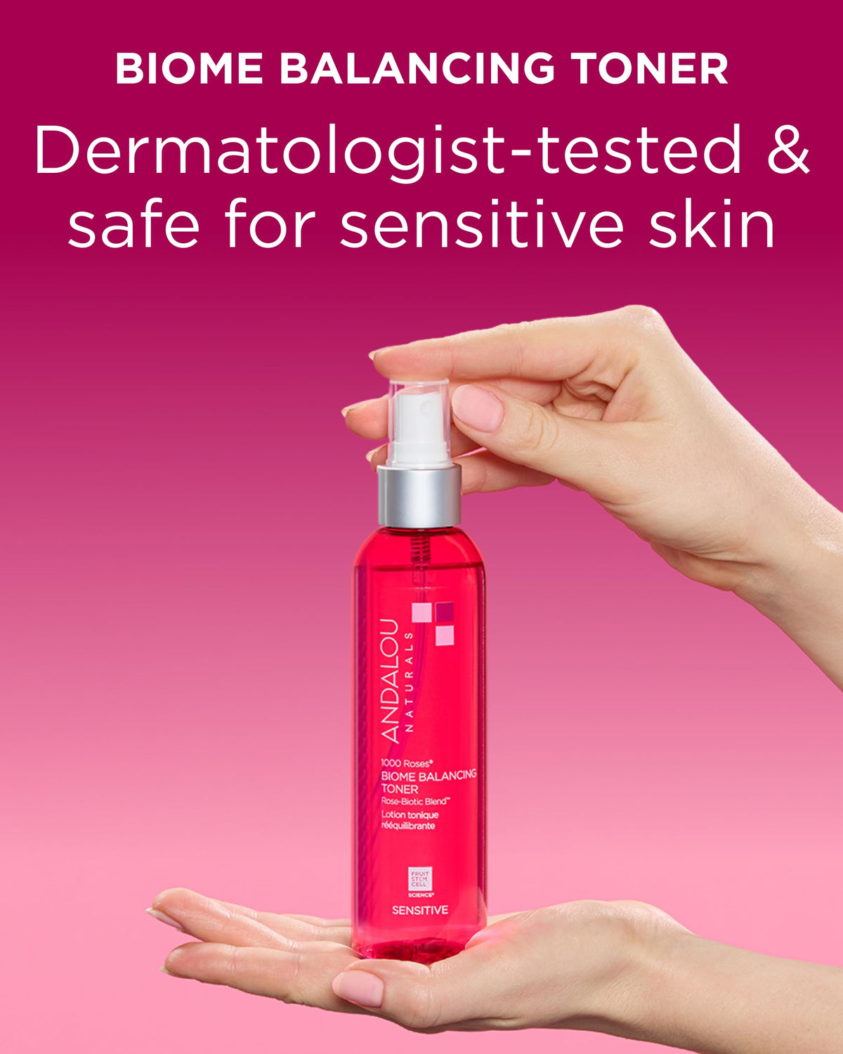 Andalou Naturals held in hand for scale showing convenient 6 fl oz