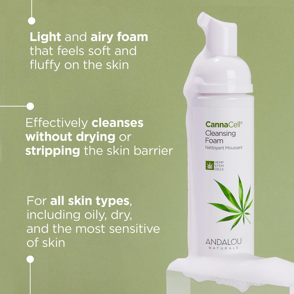 Andalou Naturals pump dispensing creamy foam demonstrating gentle cleansing