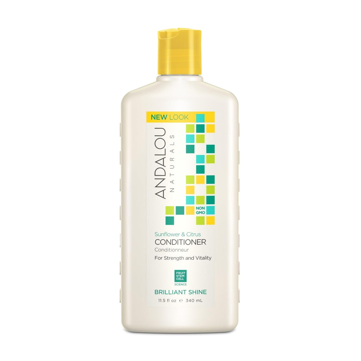 Andalou Naturals front bottle showing sunflower and citrus for glossy hair