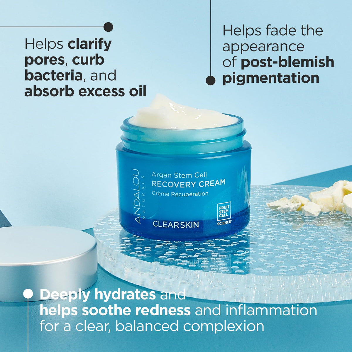 Andalou Naturals open jar close-up showing lightweight cream texture for quick absorption