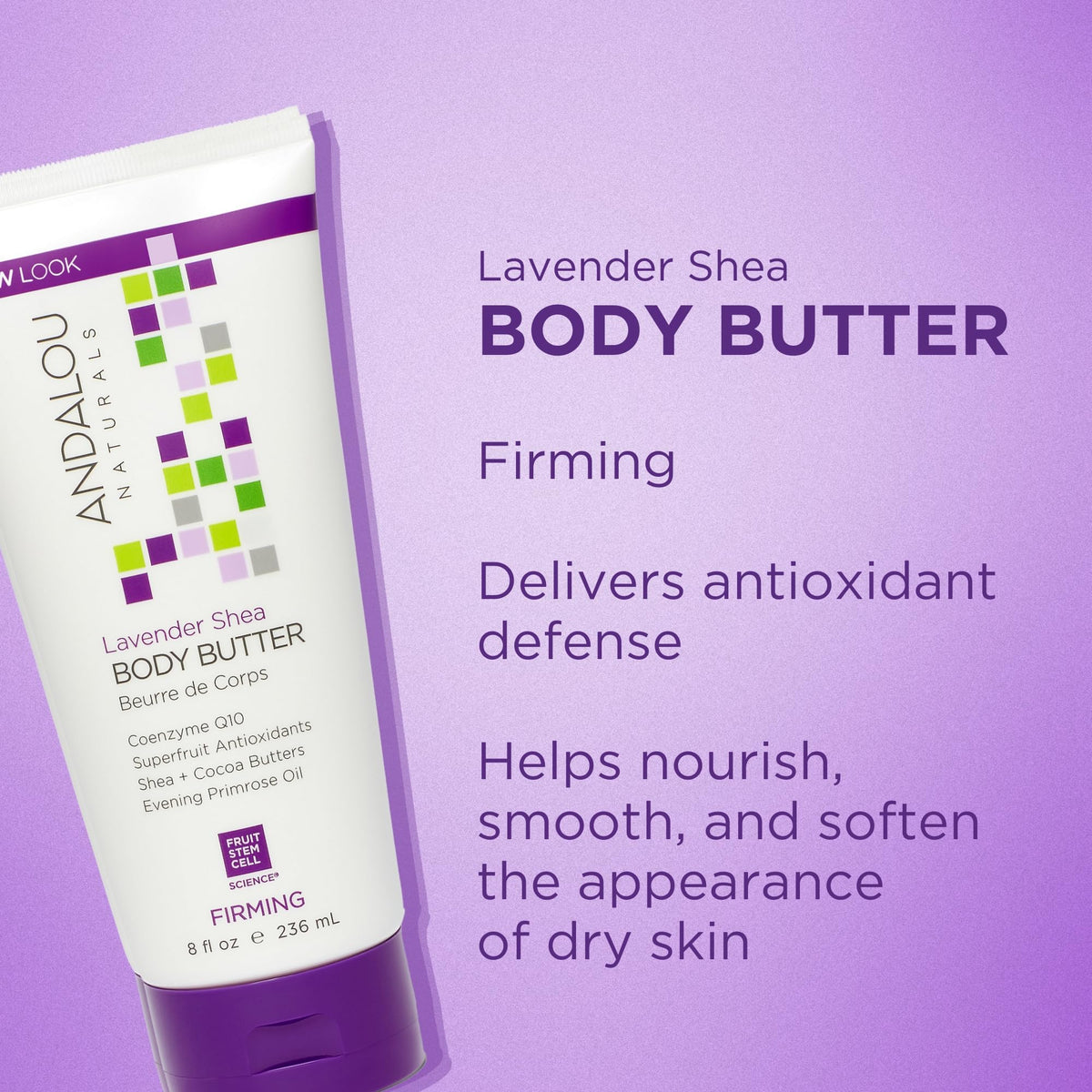 Andalou Naturals creamy lavender body butter texture close-up demonstrating rich hydration