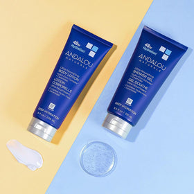 Andalou Naturals bottle in shower lifestyle setting for relaxing ritual