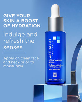 Andalou Naturals applying serum to neck to show hydration benefit