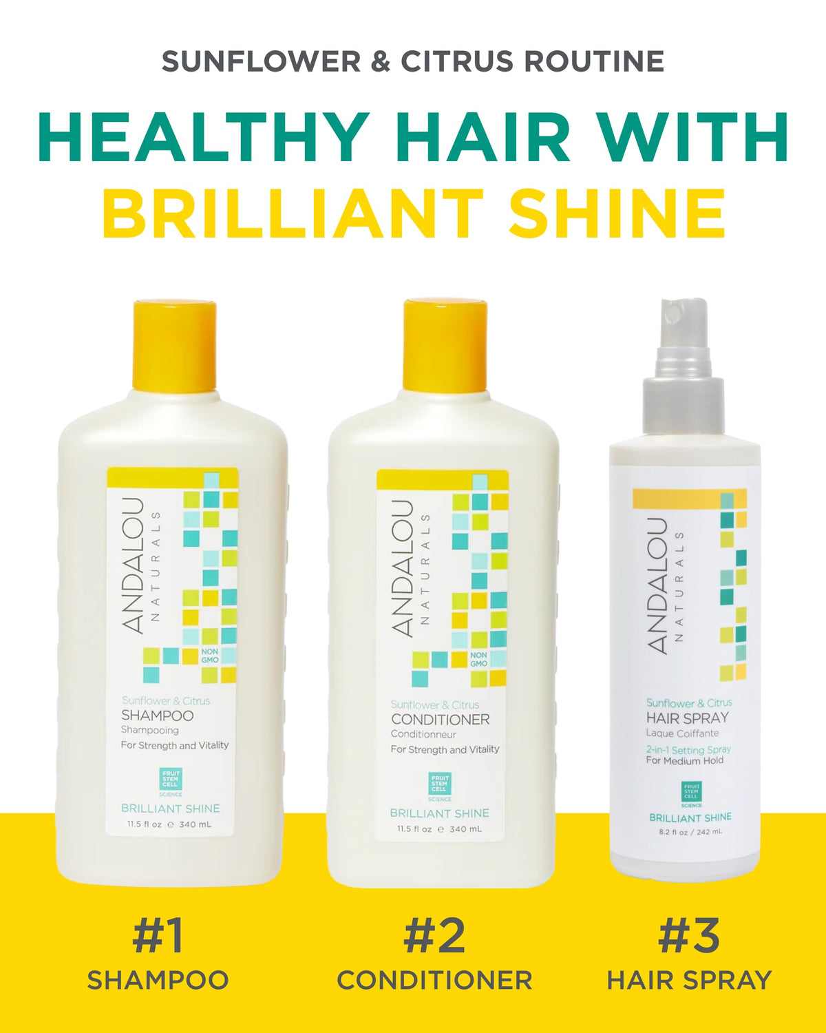 Andalou Naturals hair texture after spray delivering glossy frizz-free finish