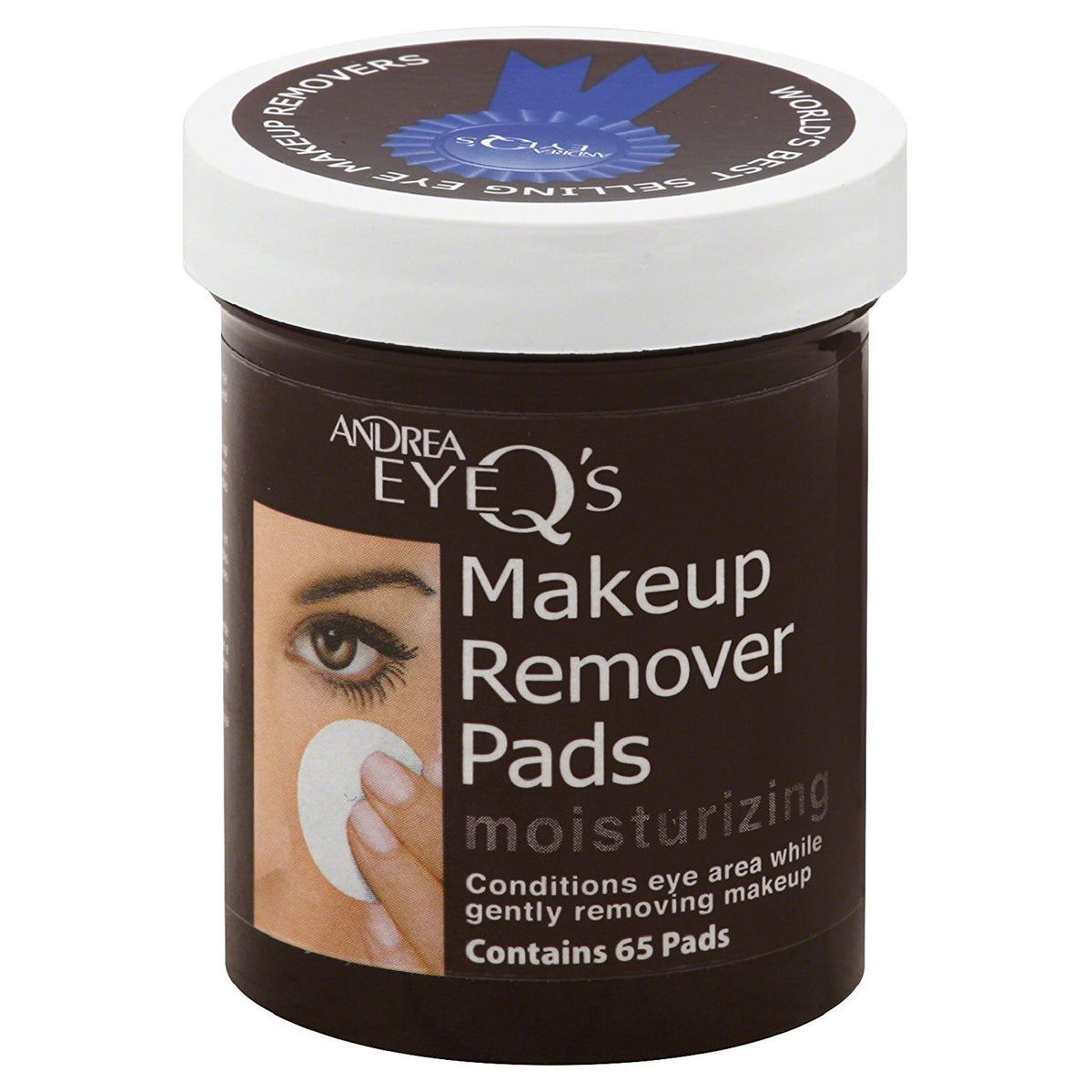 ANDREA Eye Q's front packaging showing pack of 65 moisturizing remover pads for gentle cleansing