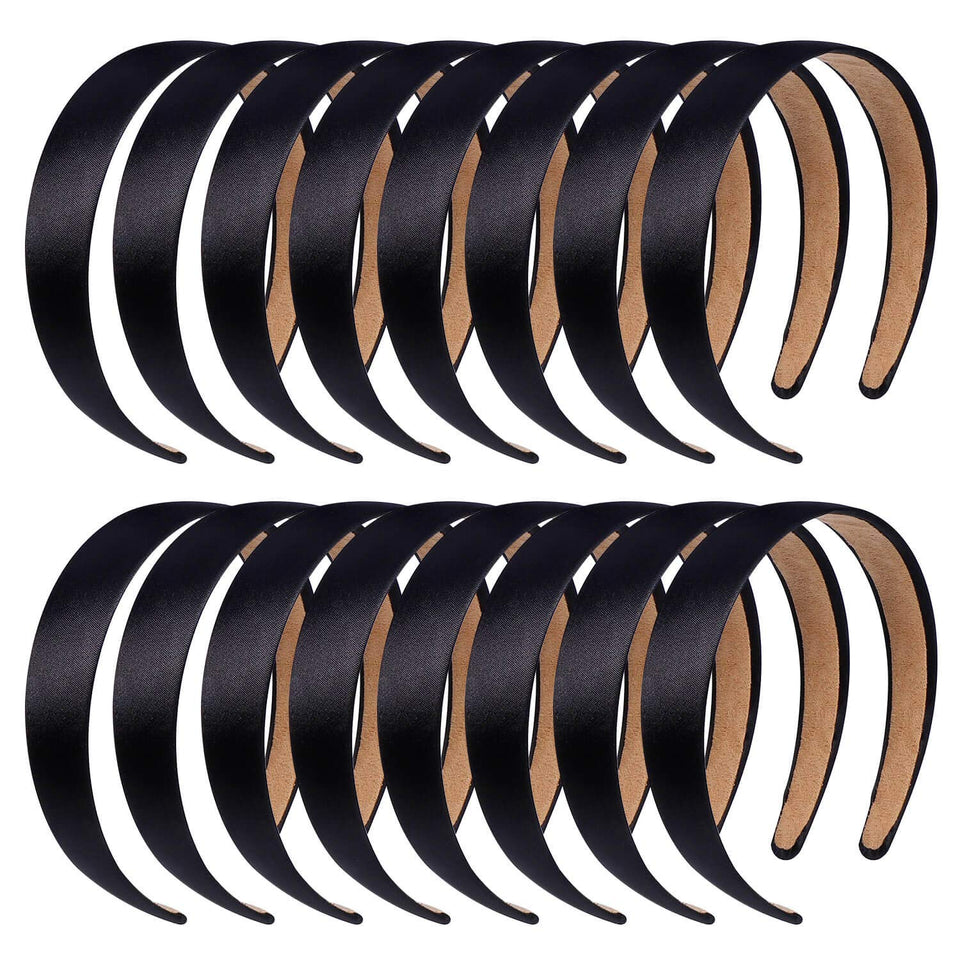 anezus front packaging showing 16 black satin headbands and value