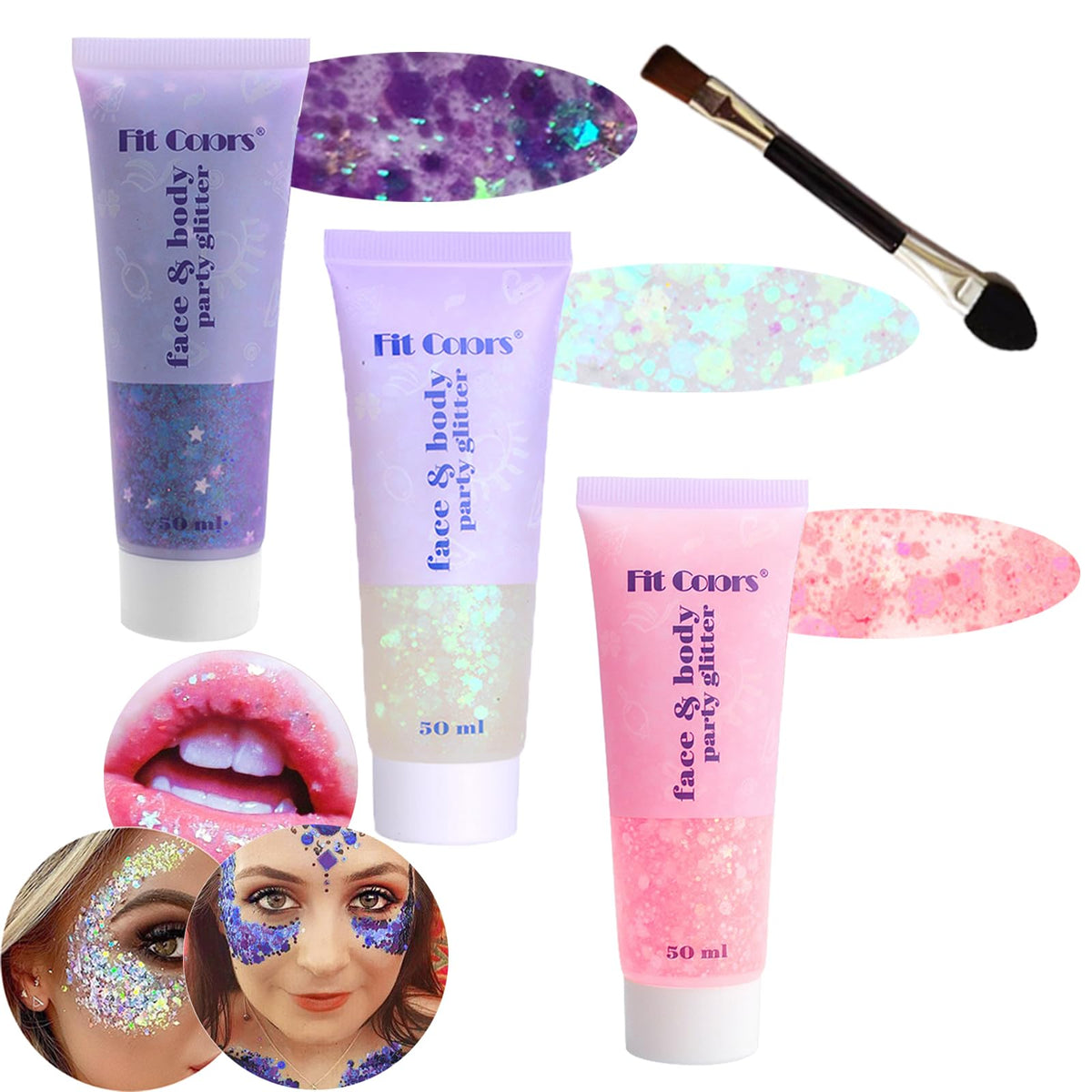 Angels Beauty front packaging showing three glitter gel tubes and vibrant colors