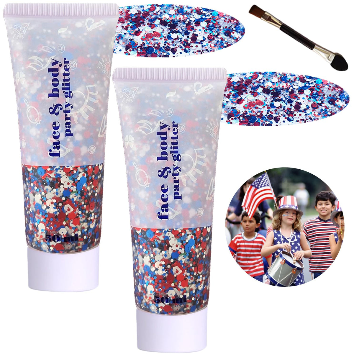 Angels Beauty front tube showing red white blue glitter gel for quick patriotic sparkle