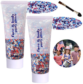 Angels Beauty front tube showing red white blue glitter gel for quick patriotic sparkle