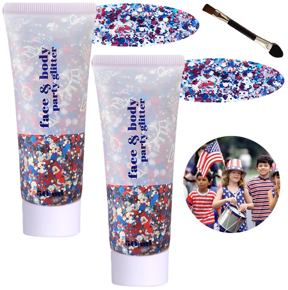 Angels Beauty front tube showing red white blue glitter gel for quick patriotic sparkle