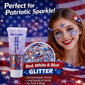 Angels Beauty applying glitter gel to hair part for instant red white blue highlights