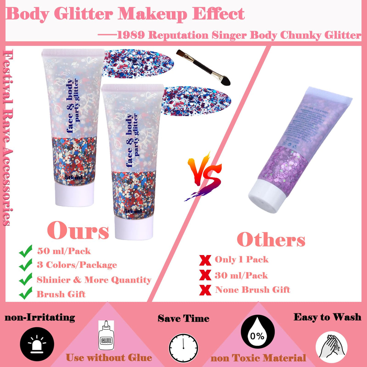Angels Beauty model wearing glitter on face and hair for a 4th of July party look