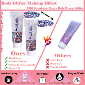 Angels Beauty model wearing glitter on face and hair for a 4th of July party look