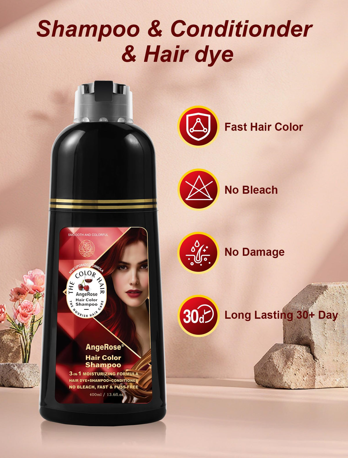 AngeRose pump dispensing shampoo foam with easy one-step application benefit