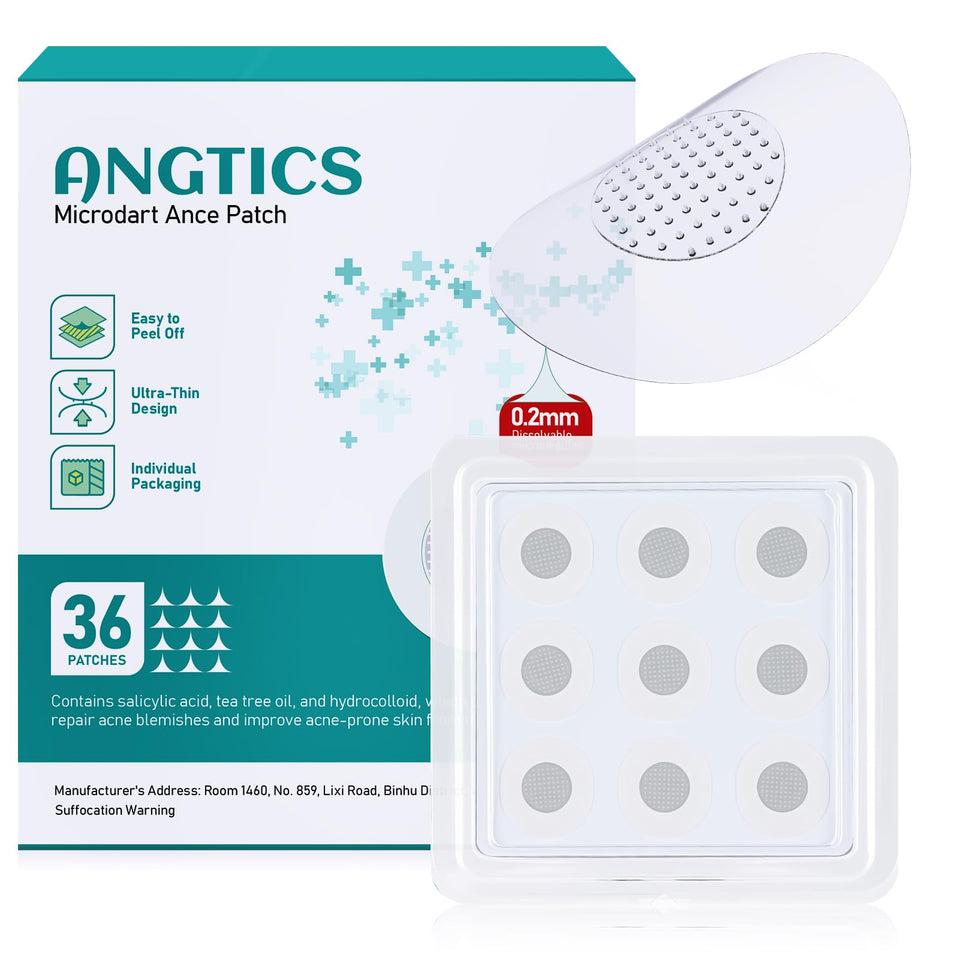 ANGTICS front packaging showing 36-count blemish patches and benefits