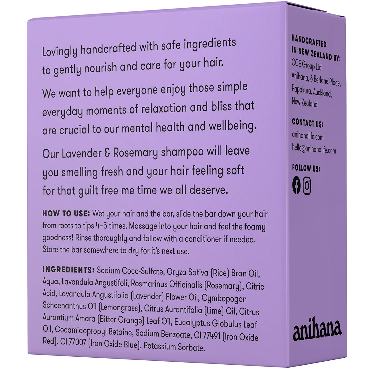 ANIHANA shampoo bar ingredient label displaying natural, paraben-free formulation