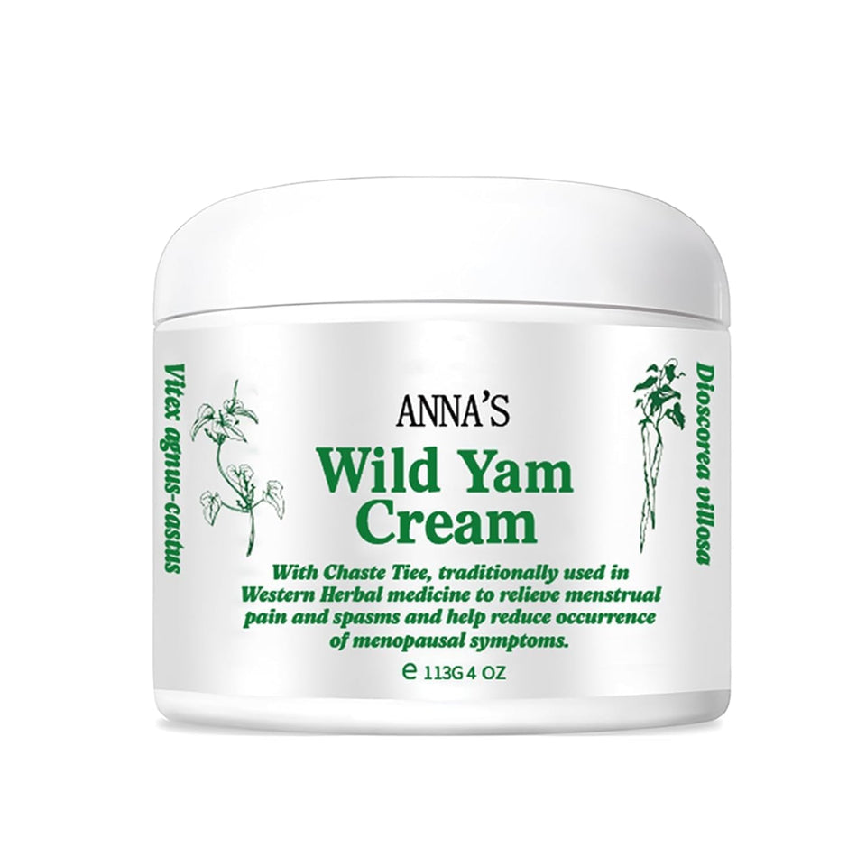 Anna's wild yam cream front jar showing clean organic packaging and benefit of gentle care