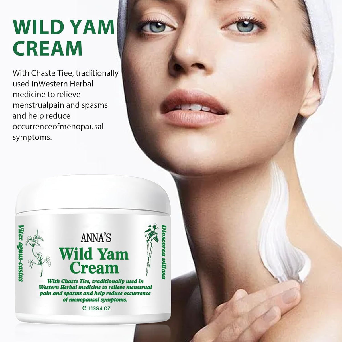 Anna's wild yam cream on palm demonstrating easy application and soothing hydration benefit
