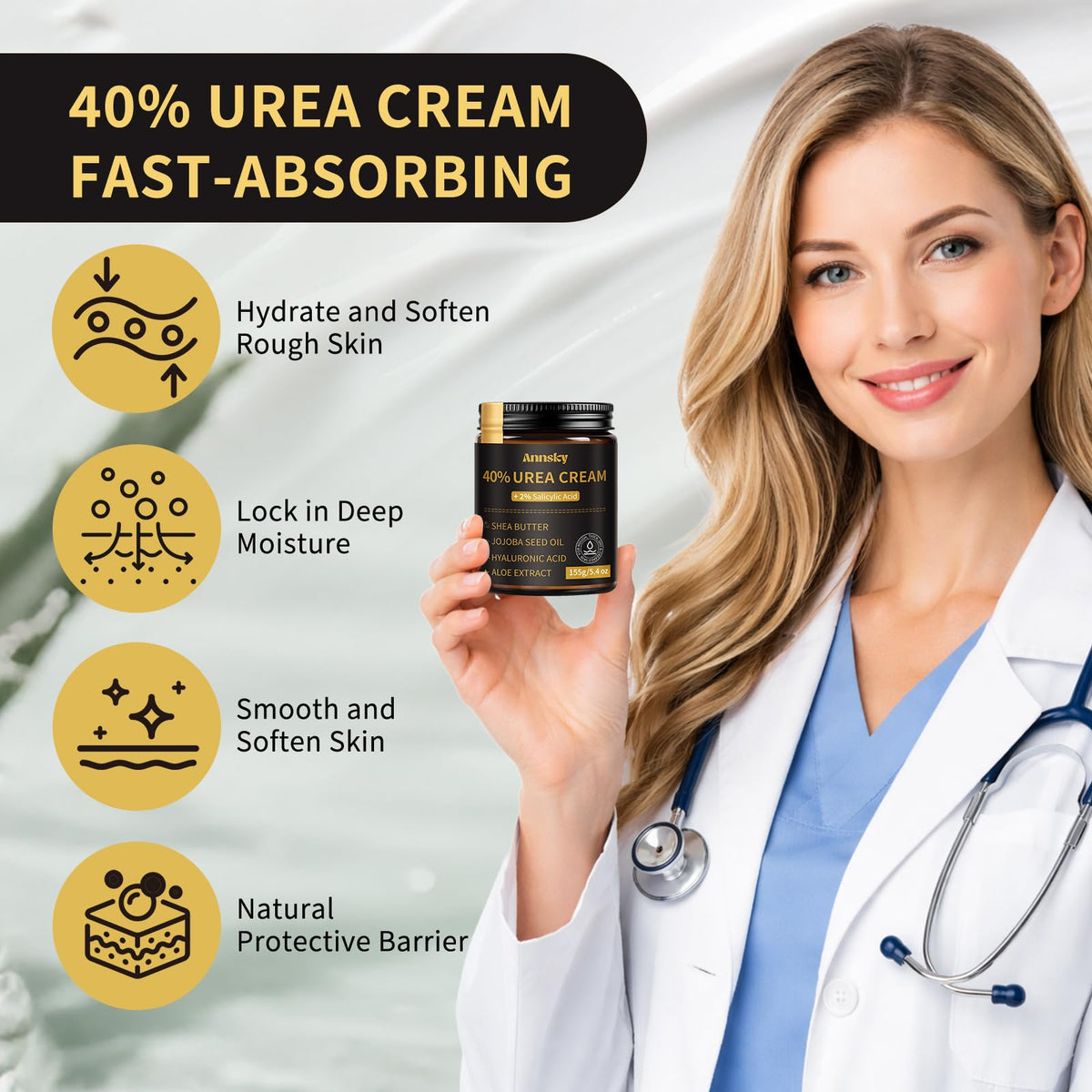 Annsky cream texture on fingertip showing non-greasy absorbent feel benefit