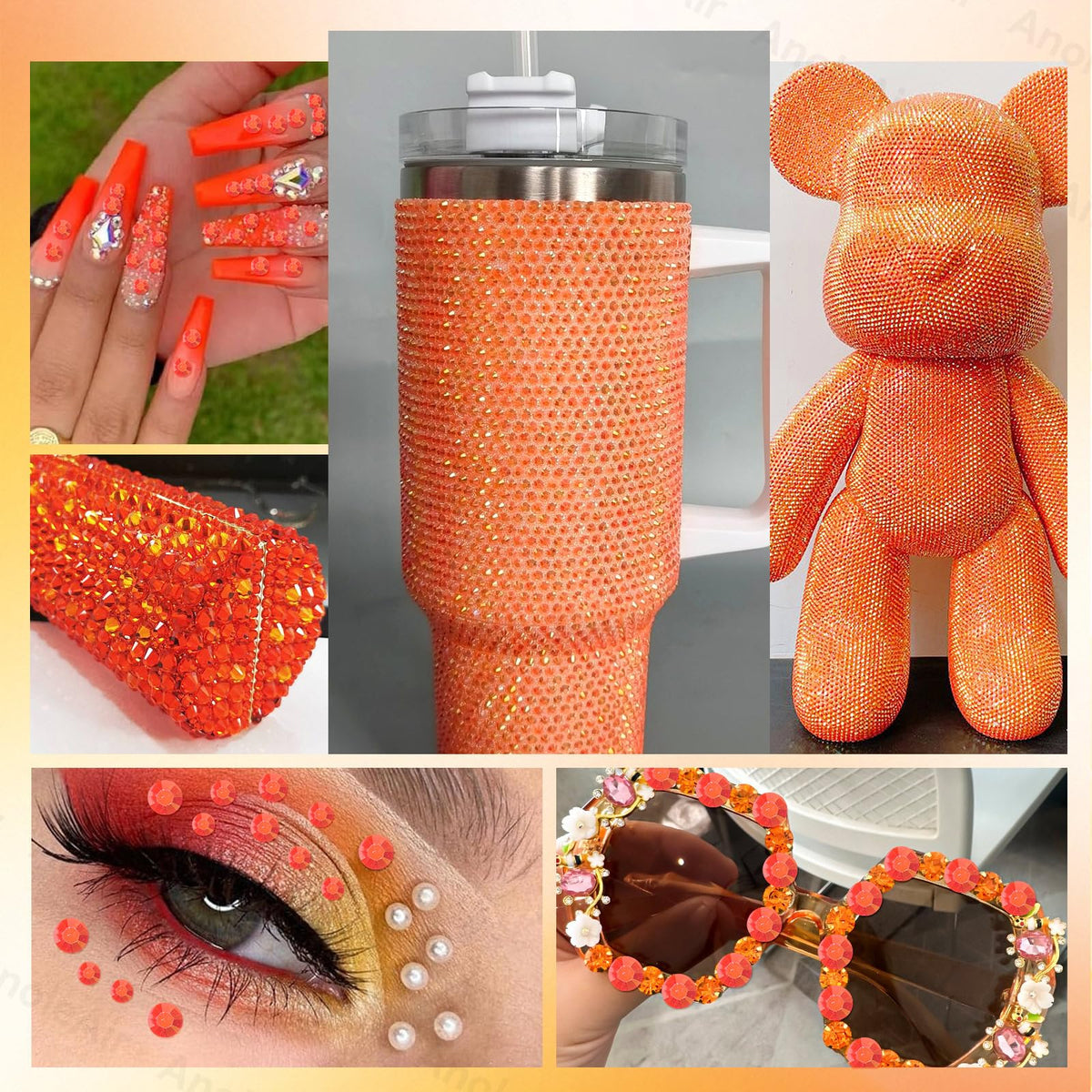 Finished tumbler decorated with AnoleAir orange rhinestones demonstrating bright effect