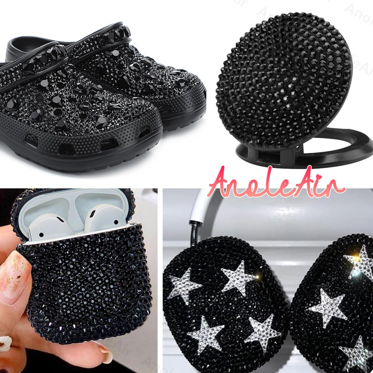 Festival face art decorated with AnoleAir black rhinestones, creating dramatic contrast