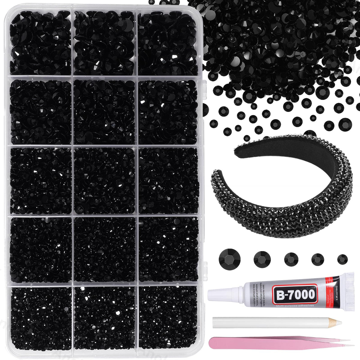 AnoleAir front packaging showing the 12000-piece black rhinestone kit with tools, ready to craft