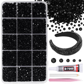 AnoleAir front packaging showing the 12000-piece black rhinestone kit with tools, ready to craft