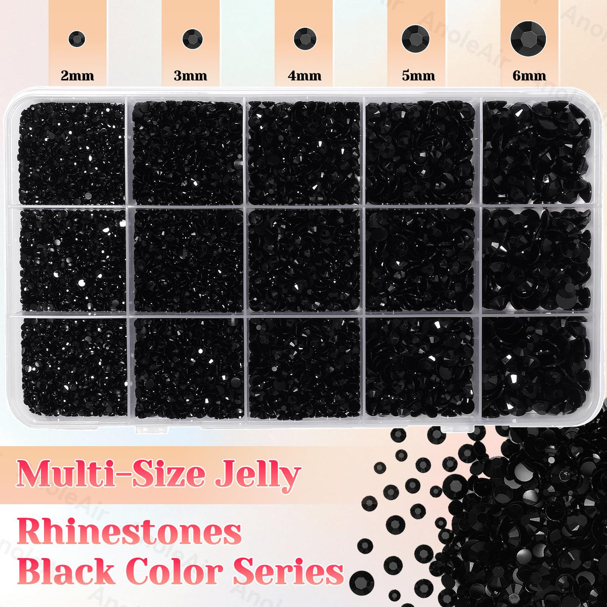 Close-up of AnoleAir mixed-size black resin gems highlighting facets and reflective shine