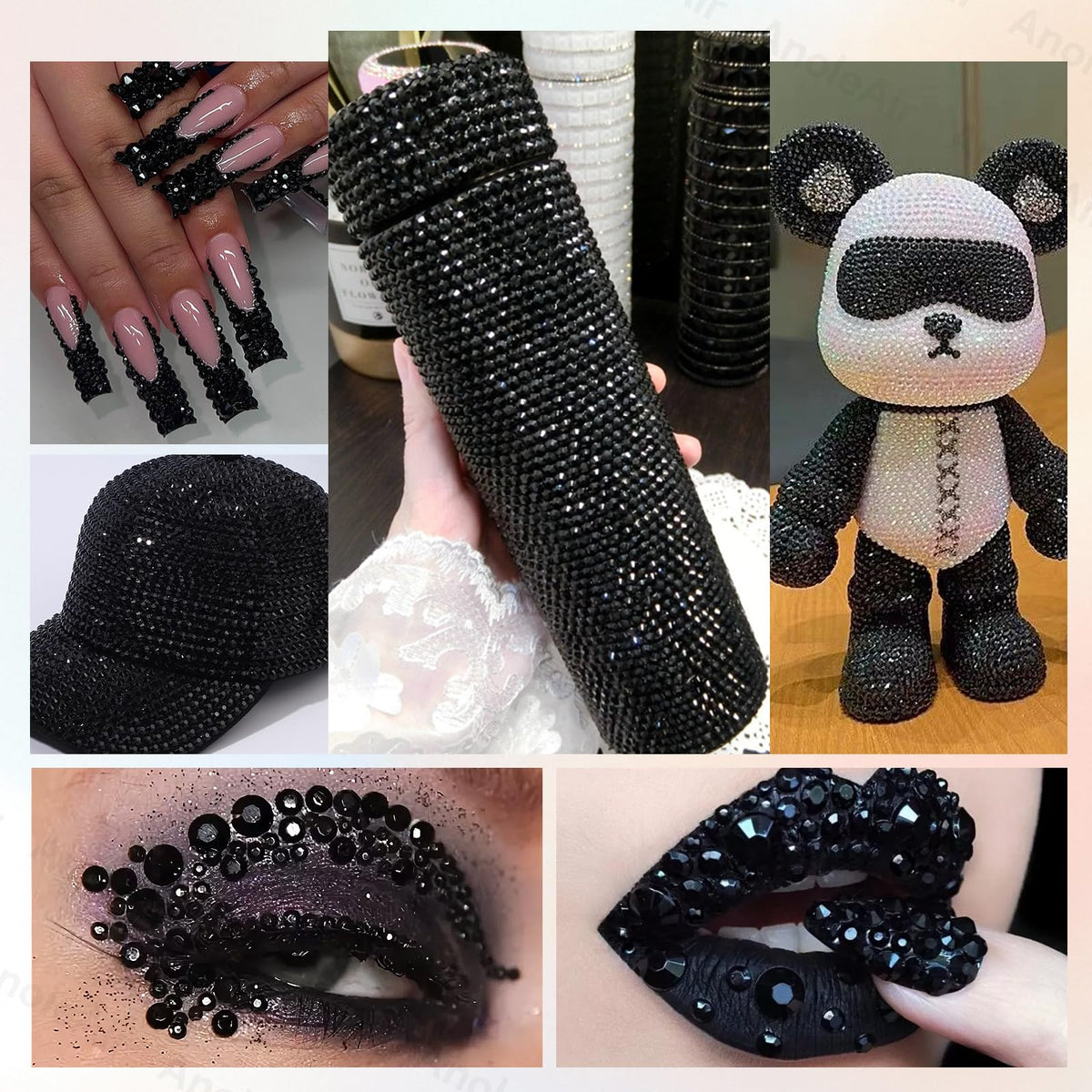 AnoleAir black rhinestones applied to a tumbler, showing secure sparkle and finished look