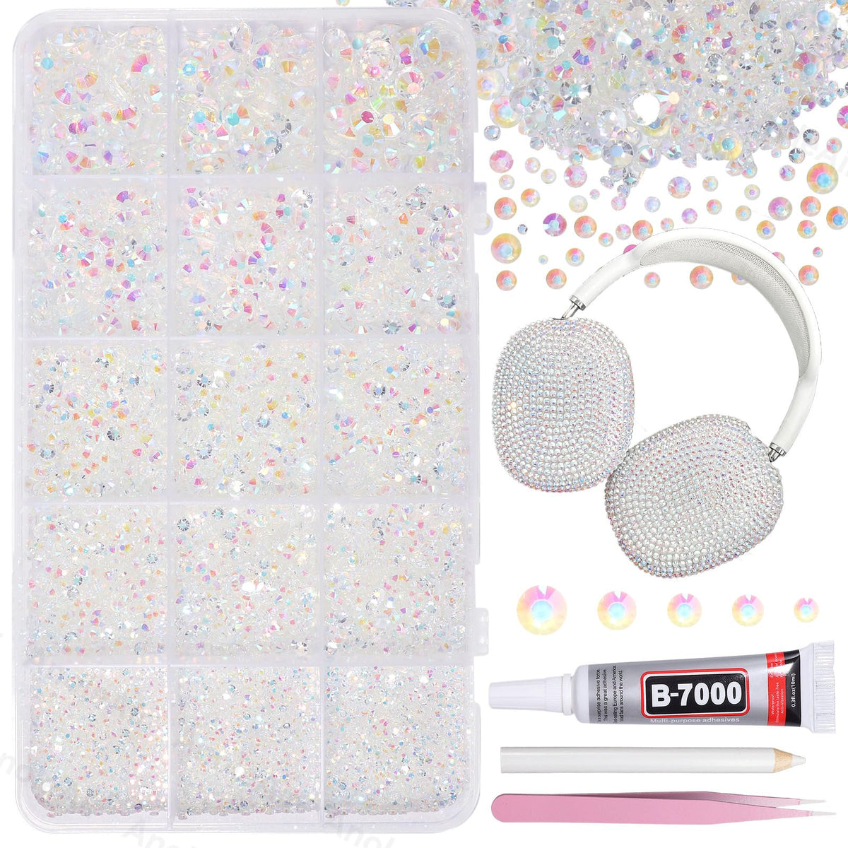 AnoleAir front packaging showing 12000-piece rhinestone kit and included tools for instant crafting