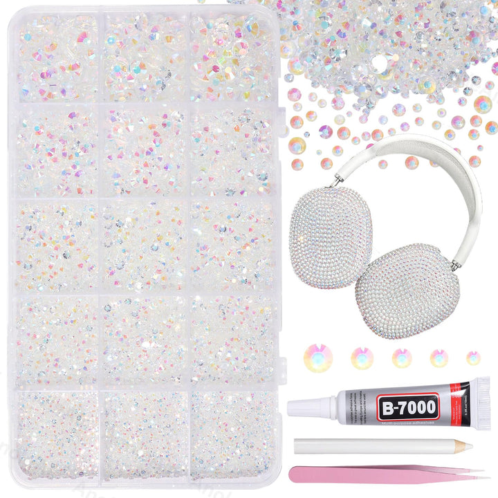 AnoleAir front packaging showing 12000-piece rhinestone kit and included tools for instant crafting