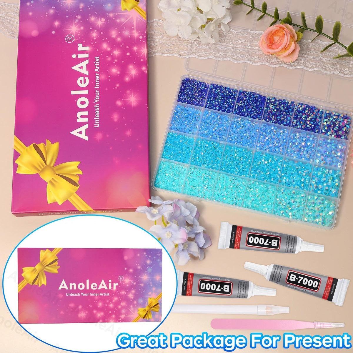AnoleAir close-up on resin facets showing bright blue sparkle and lasting shine benefit