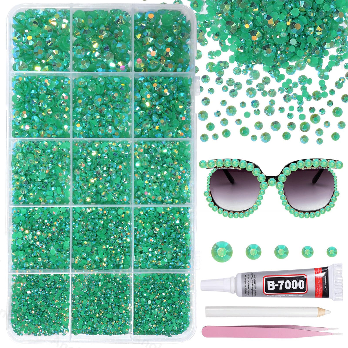 AnoleAir front packaging showing 12,000 green rhinestones and included tools for instant crafting