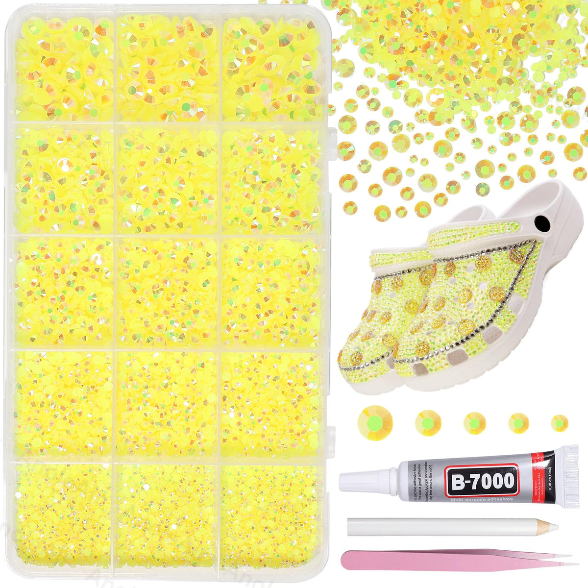 AnoleAir front packaging showing 12000 yellow rhinestones and included tools for easy starts