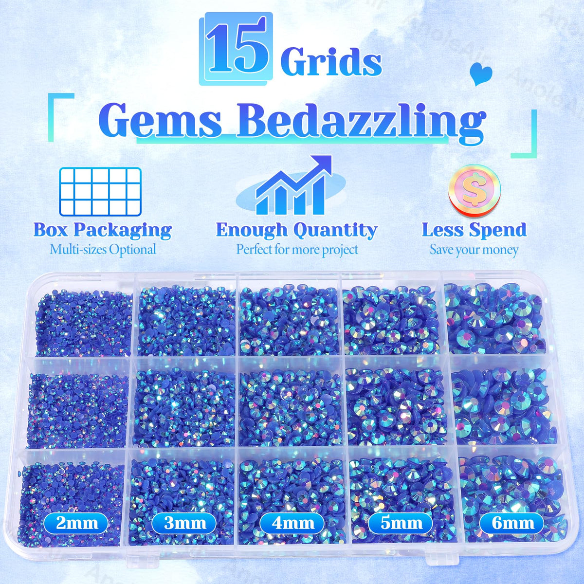 AnoleAir mixed-size royal blue gems spread to show size variety and count