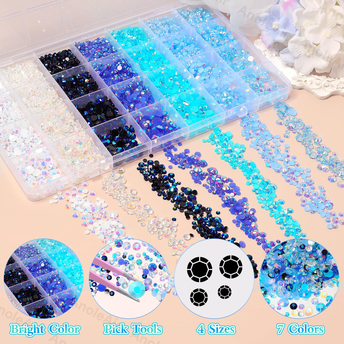 AnoleAir open grid organizer revealing sorted blue rhinestones for easy access