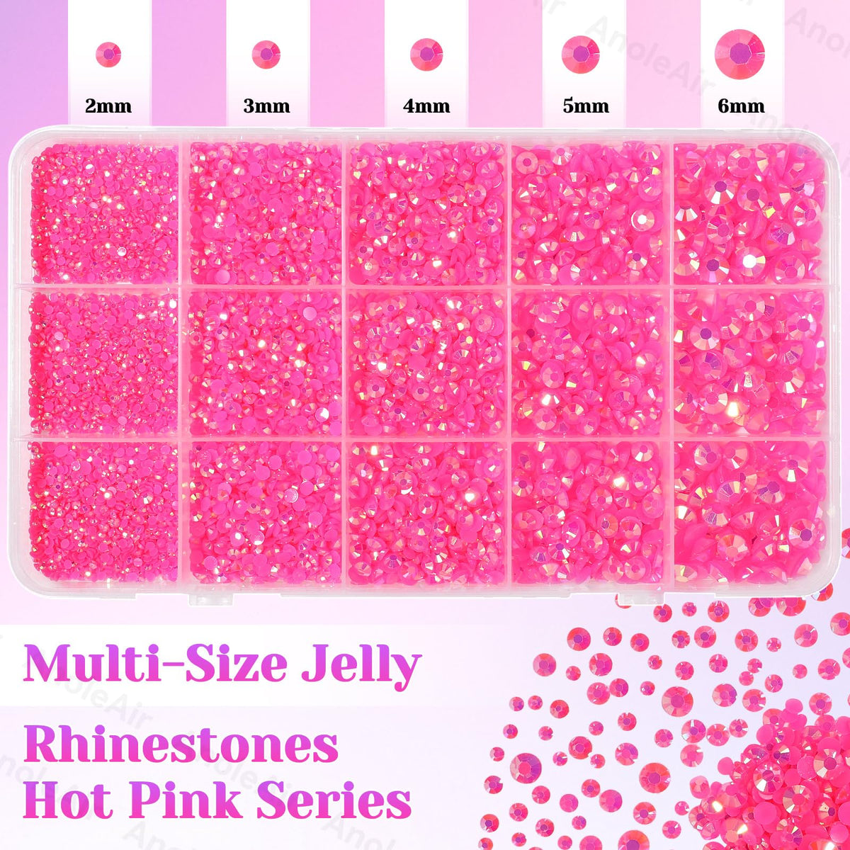 AnoleAir mixed 2–6mm hot pink rhinestones laid out for size choice and planning