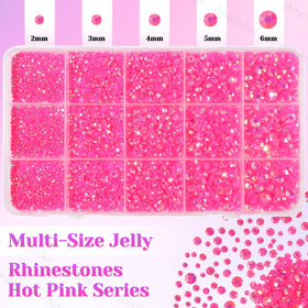 AnoleAir mixed 2–6mm hot pink rhinestones laid out for size choice and planning