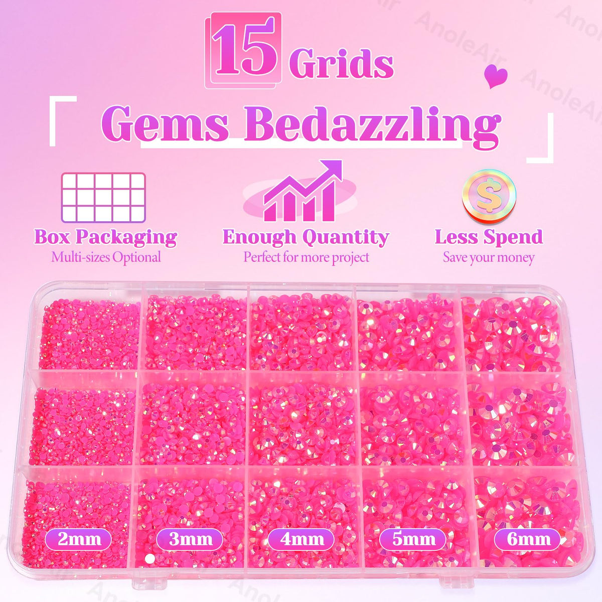 AnoleAir close-up of faceted hot pink resin gems showing bright reflective sparkle