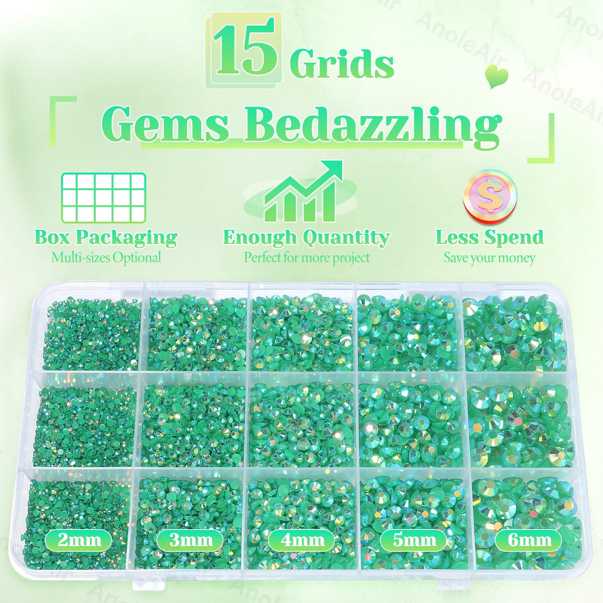 AnoleAir mixed-size green rhinestones scattered on black highlighting size variety for designs
