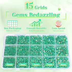 AnoleAir mixed-size green rhinestones scattered on black highlighting size variety for designs