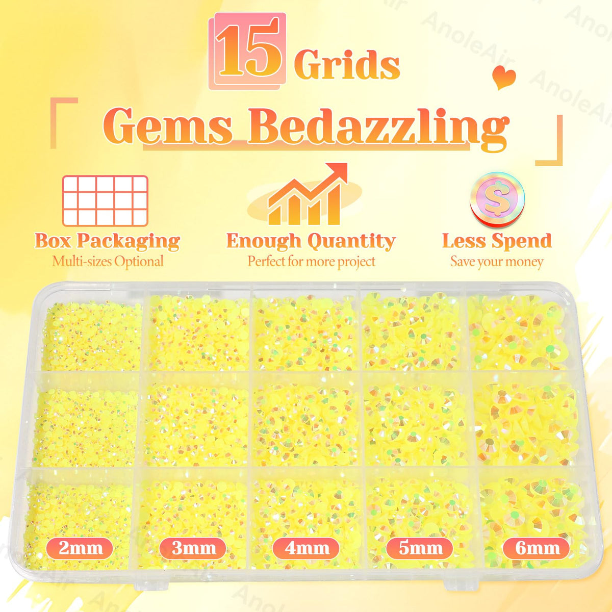 AnoleAir mixed 2,3,4,5,6mm yellow gems spread to show size variety for fast coverage