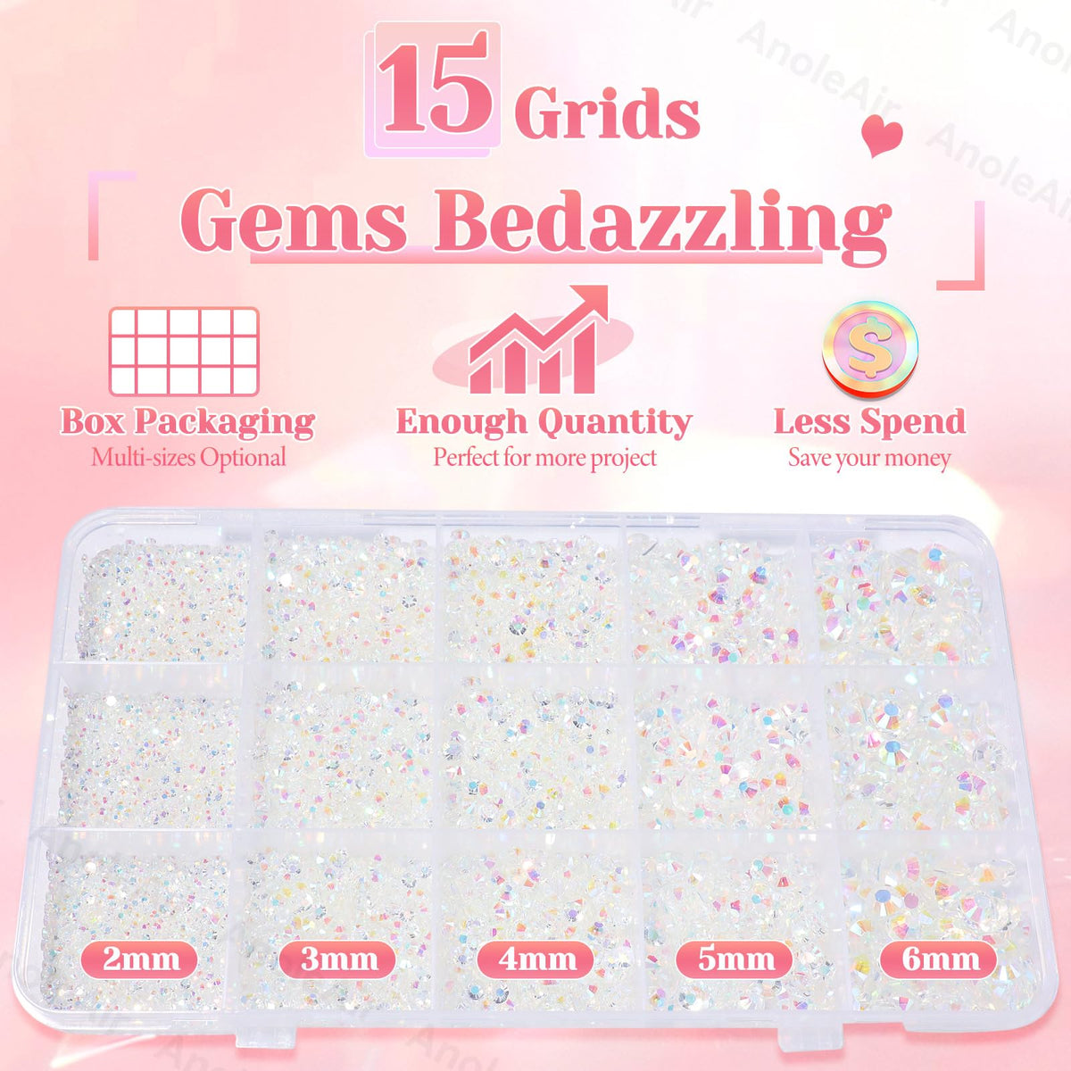 AnoleAir mixed-size rhinestones spread demonstrating 2mm to 6mm variety for detailed designs
