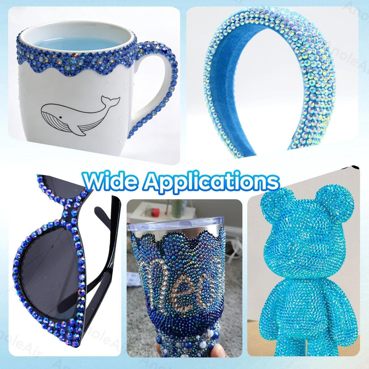 AnoleAir finished nail art using mixed-size blue gems for detailed, professional-looking results