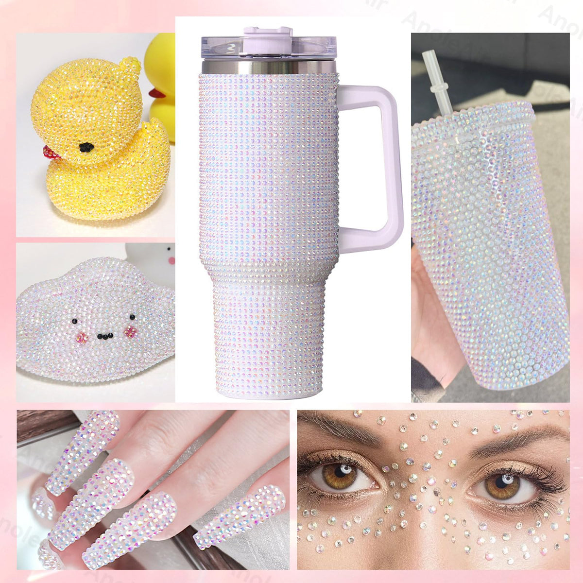 AnoleAir rhinestones applied to a stainless tumbler showing durable, reflective decoration