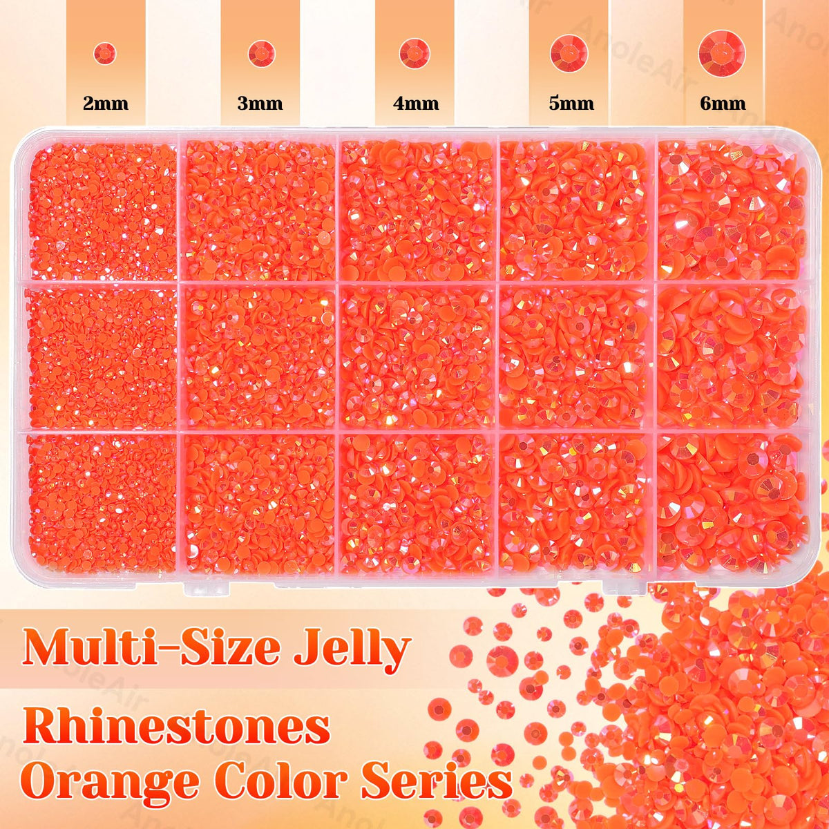 Close-up of mixed 2–6mm AnoleAir orange gems highlighting facets and sparkle