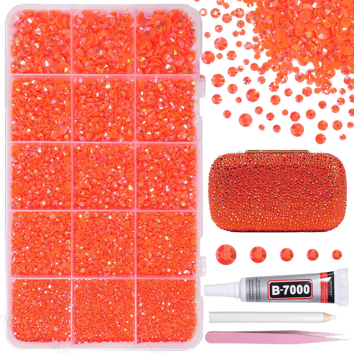 AnoleAir packaging showing orange rhinestones kit and included tools for easy crafting