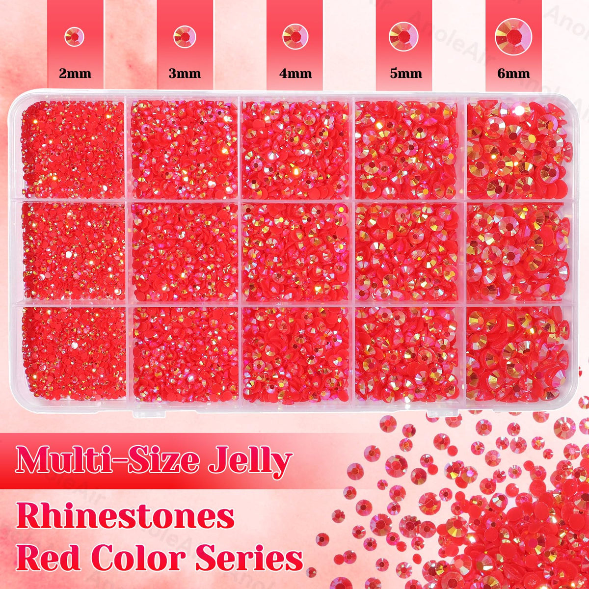 AnoleAir red rhinestones close-up of faceted surface, highlights vibrant reflective sparkle