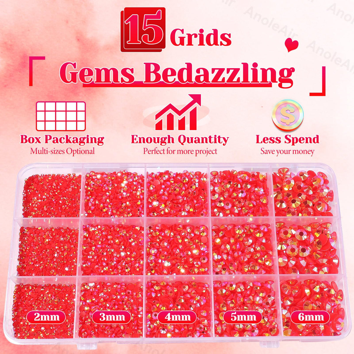 AnoleAir red rhinestones spread showing mixed 2-6mm sizes, offers versatile design options