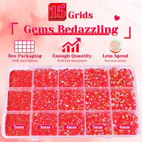AnoleAir red rhinestones spread showing mixed 2-6mm sizes, offers versatile design options